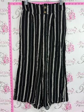 Hollister pants flowy Black Wide-Leg Pants with White Vertical Stripes